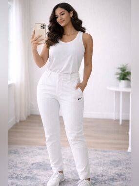 Nike Women's White High-Rise Skinny Pants with Black Swoosh Accent